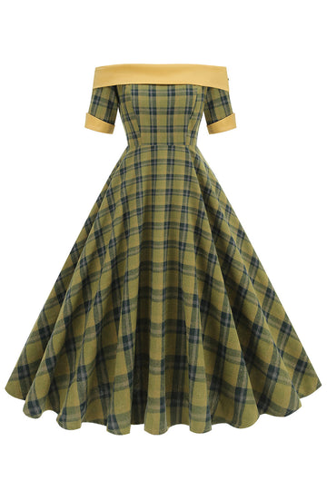 Off The Shoulder Green Grid Vestido Vintage dos anos 1950